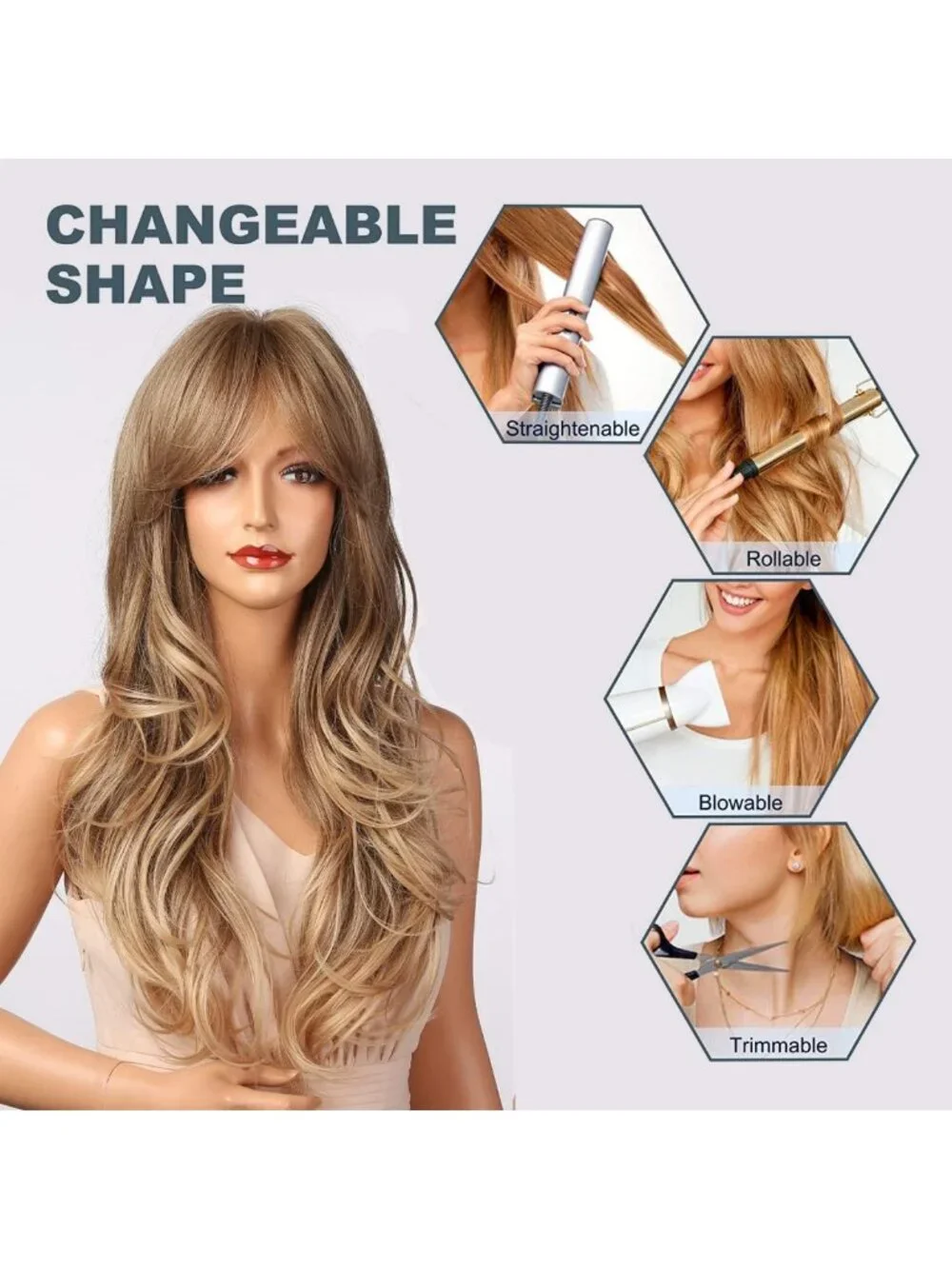 24IN Long Wavy Ash Blonde Wig with Bangs - Synthetic Hair for Women